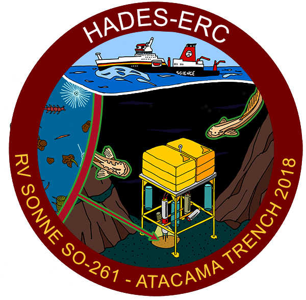 Official logo of the current voyage to Atacama Trench. The drawing shows a lander on the bottom of the trench taking samples from the sediments. (Max Planck Institute for Marine Microbiology)