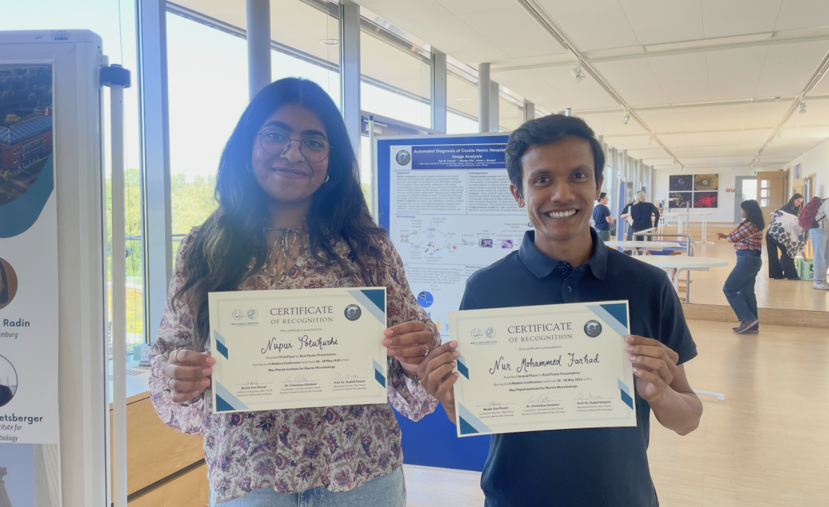 Nupur Potukuchi (left) and Nur M Farhad (right) awarded two poster prices at the It Ma(t)Ters Conference 2026