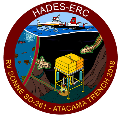 Logo der aktuellen Forschungsfahrt in den Atacamagraben. Die Zeichnung zeigt einen Tiefseelander bei der Probennahme am Meeresgrund. (Bild: Max-Planck-Institut für Marine Mikrobiologie) Logo der aktuellen Forschungsfahrt in den Atacamagraben. Die Zeichnung zeigt einen Tiefseelander bei der Probennahme am Meeresgrund. (Bild: Max-Planck-Institut für Marine Mikrobiologie)