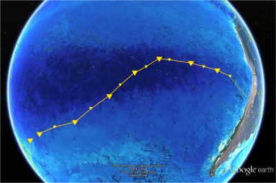 Looking at our planet from the right side, there is a lot of water and little earth. RV Sonne crossed the SPG from Chile to New Zealand. The picture also shows chlorophyll concentrations derived from NASA imagery. Dark areas show the gyre middle or