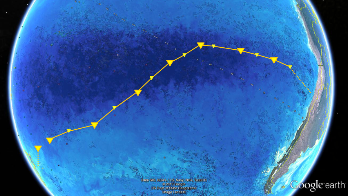 Looking at our planet from the right side, there is a lot of water and little earth. RV Sonne crossed the SPG from Chile to New Zealand. The picture also shows chlorophyll concentrations derived from NASA imagery. Dark areas show the gyre middle or "desert".  (© modified from Google Earth / NASA)