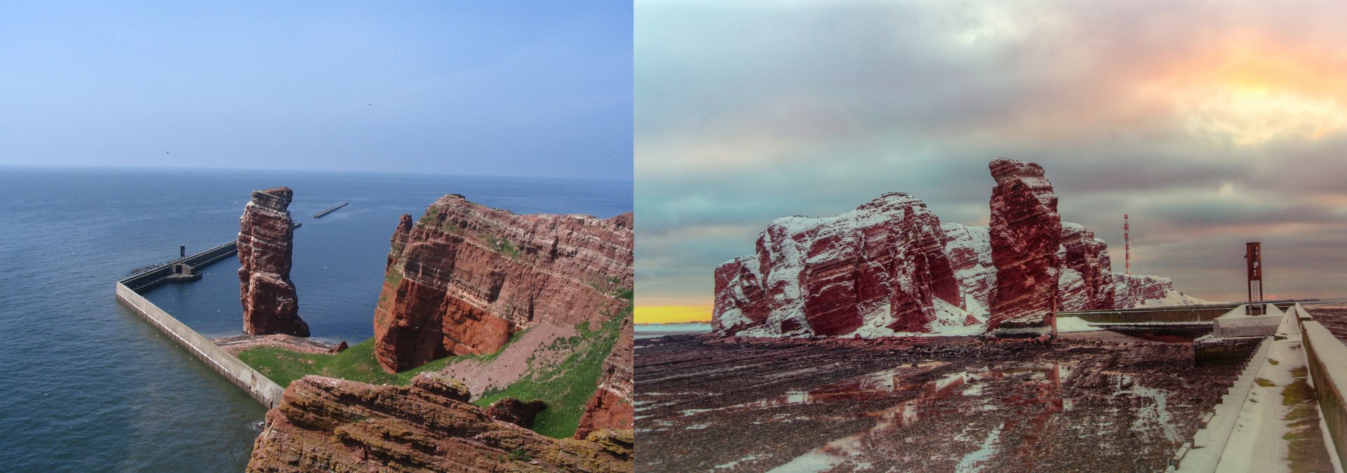 Zu jeder Jahreszeit: Die Insel Helgoland im Sommer und Winter. Je nach Jahreszeit unterscheiden sich die ansässigen MGII-Mikroben. © Alfred-Wegener-Institut/Susanne Diederich/CC-BY 4.0 (links) / Marc Petrikowski (rechts)