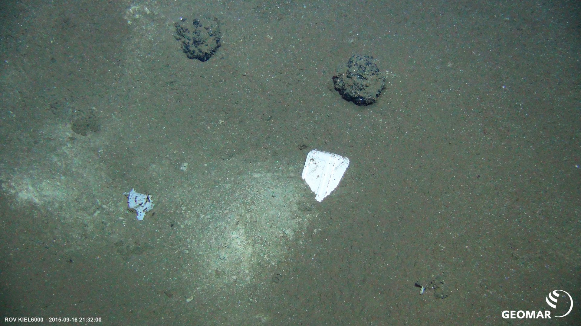 Quarkverpackung neben Manganknollen in mehr als 4000 Metern Wassertiefe im sogenannten DISCOL-Gebiet (Südostpazifik). (© GEOMAR, ROV-Team)