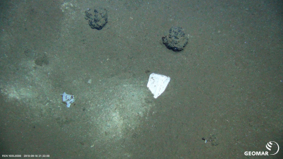 Curd box next to manganese nodules at a depth of more than 4000 meters in the so-called DISCOL area (Southeast Pacific). (© GEOMAR, ROV team) Curd box next to manganese nodules at a depth of more than 4000 meters in the so-called DISCOL area (Southeast Pacific). (© GEOMAR, ROV team)