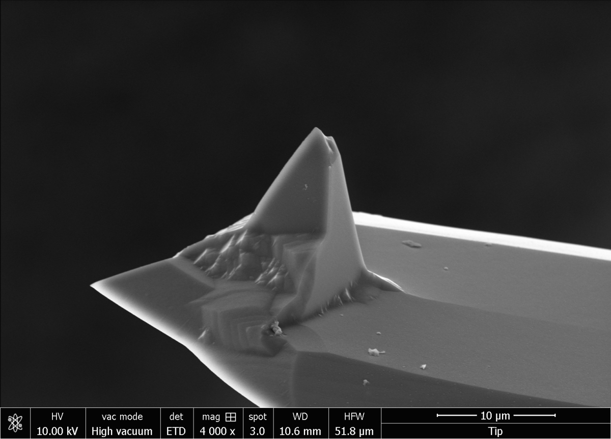 The electron microscope image shows a tip sitting under a metal holder (cantilever). The tip is about 15 µm long, the holder measures approx. 40 µm. There are different sizes and designs. However, the small size makes it clear just how small the pointy end of the tip is. (© Max Planck Institute for Marine Microbiology, Sten Littmann) The electron microscope image shows a tip sitting under a metal holder (cantilever). The tip is about 15 µm long, the holder measures approx. 40 µm. There are different sizes and designs. However, the small size makes it clear just how small the pointy end of the tip is. (© Max Planck Institute for Marine Microbiology, Sten Littmann)