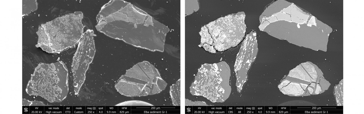 Two SE images of polished grains from marine sediments from the island of Elba. The image on the right is a BSE image of the same grains as in the image on the left. Because of the higher nuclear charge number of iron, the iron oxide-rich areas in the grains appear brighter in contrast to the silicate matrix. (© Max Planck Institute for Marine Microbiology, S. Littmann) Two SE images of polished grains from marine sediments from the island of Elba. The image on the right is a BSE image of the same grains as in the image on the left. Because of the higher nuclear charge number of iron, the iron oxide-rich areas in the grains appear brighter in contrast to the silicate matrix. (© Max Planck Institute for Marine Microbiology, S. Littmann)