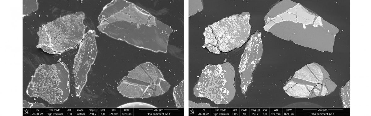 A) SE-Abbildung von polierten Körnern aus marinen Sedimenten von der Insel Elba. B) BSE-Abbildung der gleichen Körner wie in Abbildung A. Eisen-Oxid-reiche Bereiche in den Körnern erscheinen heller im Kontrast gegenüber der silikatischen Matrix durch die höhere Kernladungszahl von Eisen. (© Max-Planck-Institut für Marine Mikrobiologie, S. Littmann)