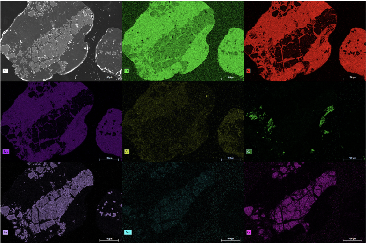 Element mapping of marine sediment grains from the island of Elba using EDS. The differences between the silicate matrix and Fe–Cr-rich phases are clearly visible. (© Max Planck Institute for Marine Microbiology, S. Littmann) Element mapping of marine sediment grains from the island of Elba using EDS. The differences between the silicate matrix and Fe–Cr-rich phases are clearly visible. (© Max Planck Institute for Marine Microbiology, S. Littmann)